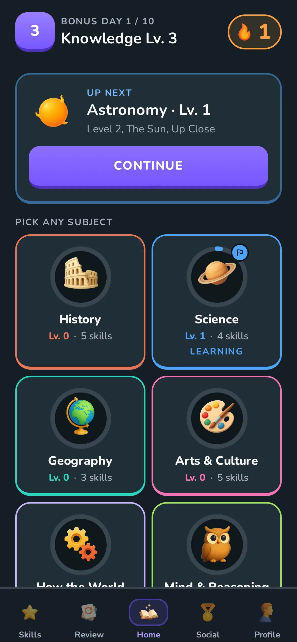 The BrainScroll home screen: up next, and every subject to pick from